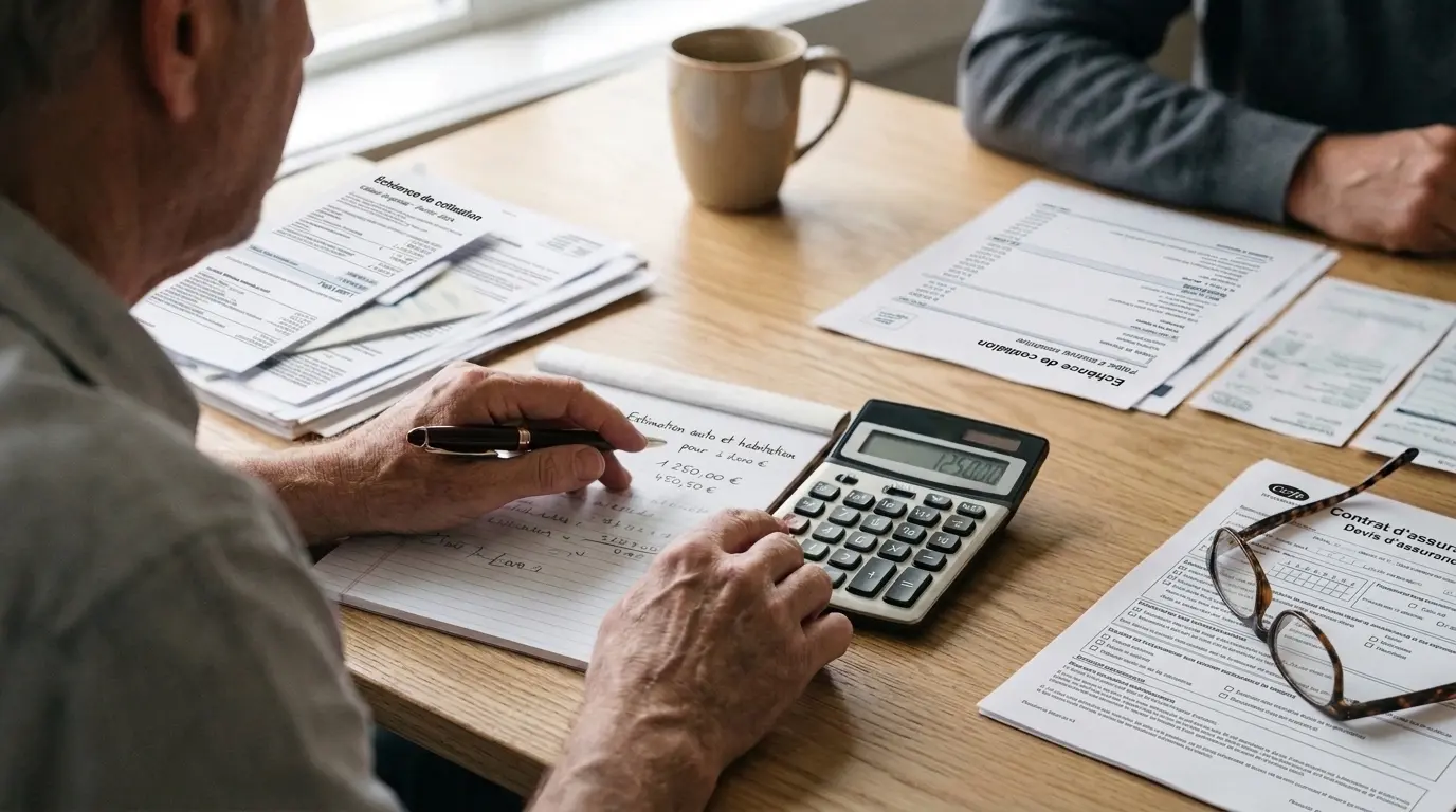Des mains calculent le montant assuré avec des factures posées sur un bureau.