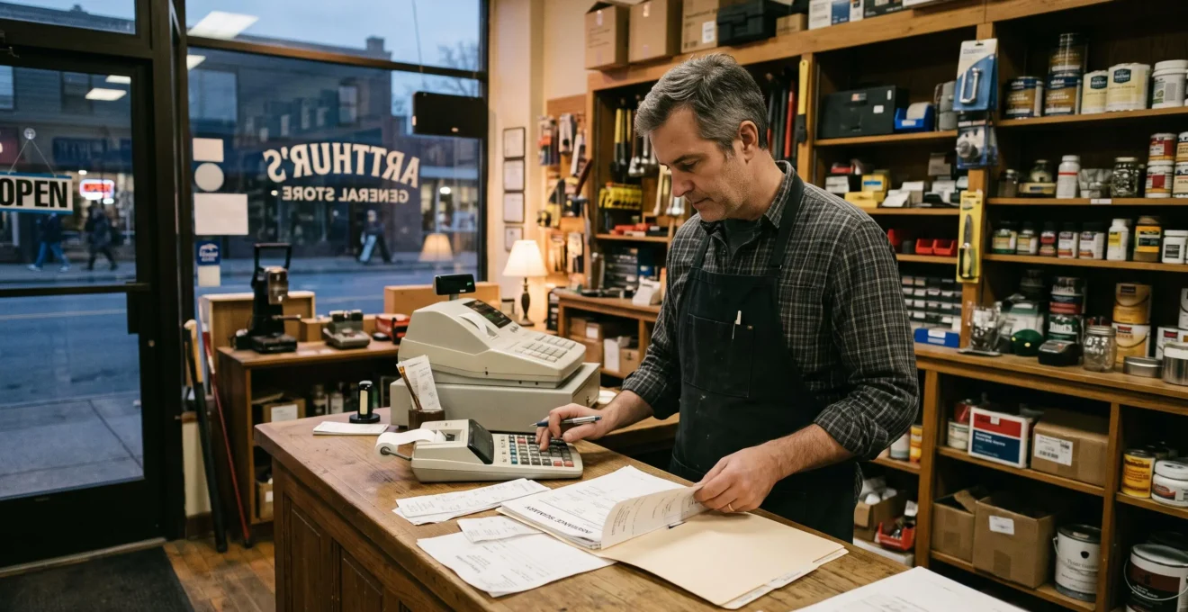 Un commerçant vérifie ses charges avec une calculatrice sur le comptoir de sa boutique.