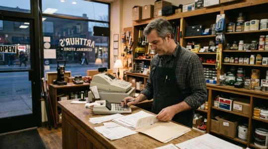 Un commerçant vérifie ses charges avec une calculatrice sur le comptoir de sa boutique.